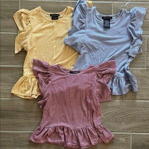 3 Striped Ruffle Sleeve Tops - Yellow, Blue, Red